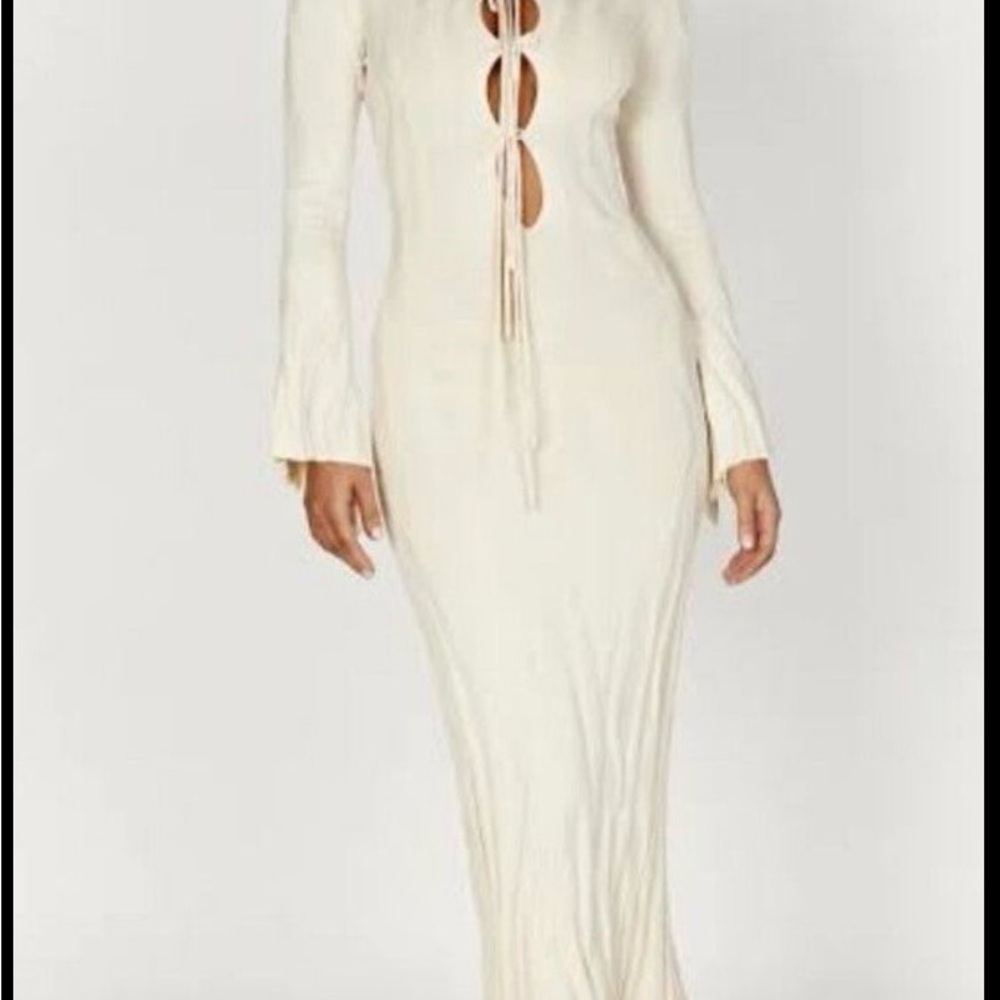 Meshki Ivory Long Sleeve Maxi Dress with Front Tie Cutouts